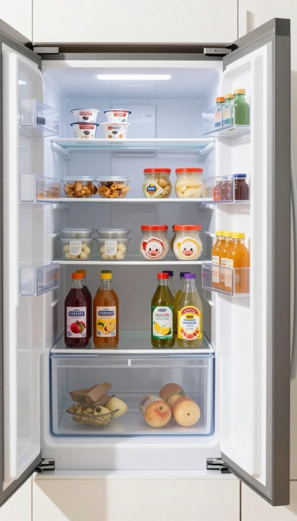 Samsung Bespoke fridge interior with a slim acrylic shelf riser creating vertical storage for small items, organized and bright.
