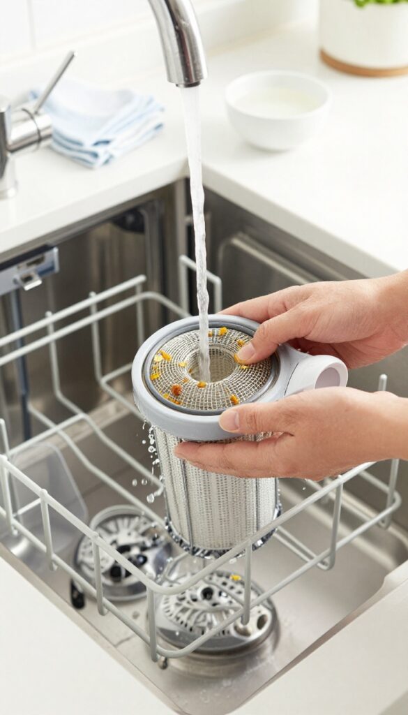 Hand rinsing dishwasher filter under running water with cleaning supplies nearby