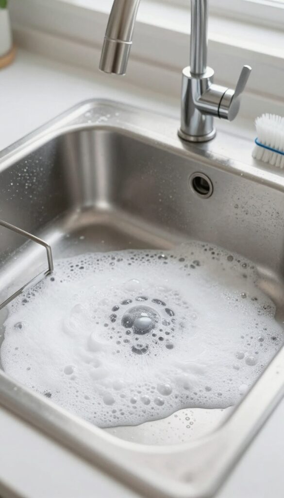 Gas stove grate covered in fizzing hydrogen peroxide and baking soda mixture in a kitchen sink