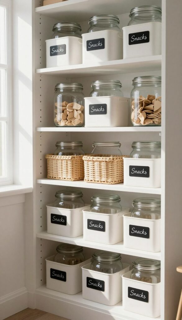 Organized pantry with labeled clear jars and bins on white shelves, natural light