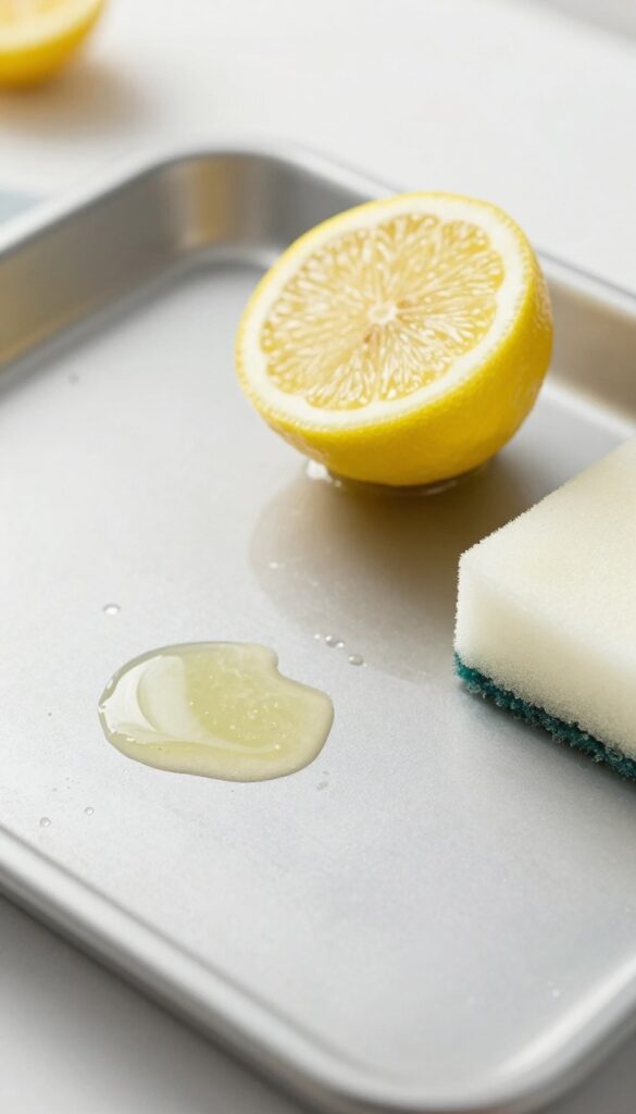 Lemon juice on oven surface with sponge, bright natural light, clean and grease-free.