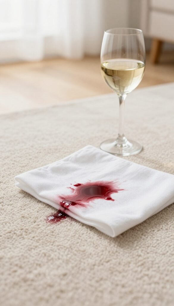 White wine being poured onto a red wine stain on a light carpet