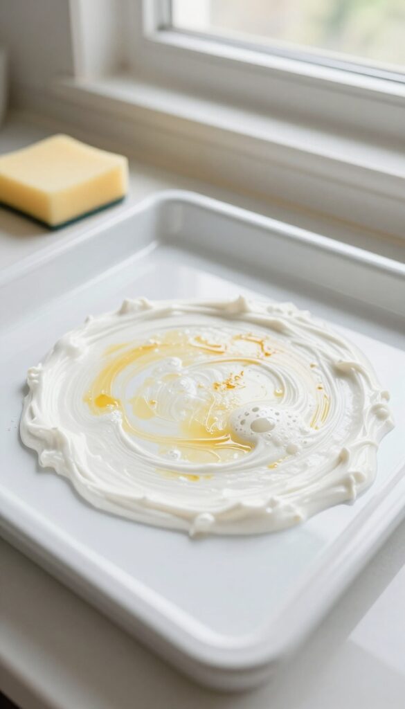 Fizzing hydrogen peroxide and baking soda paste on greasy oven stains