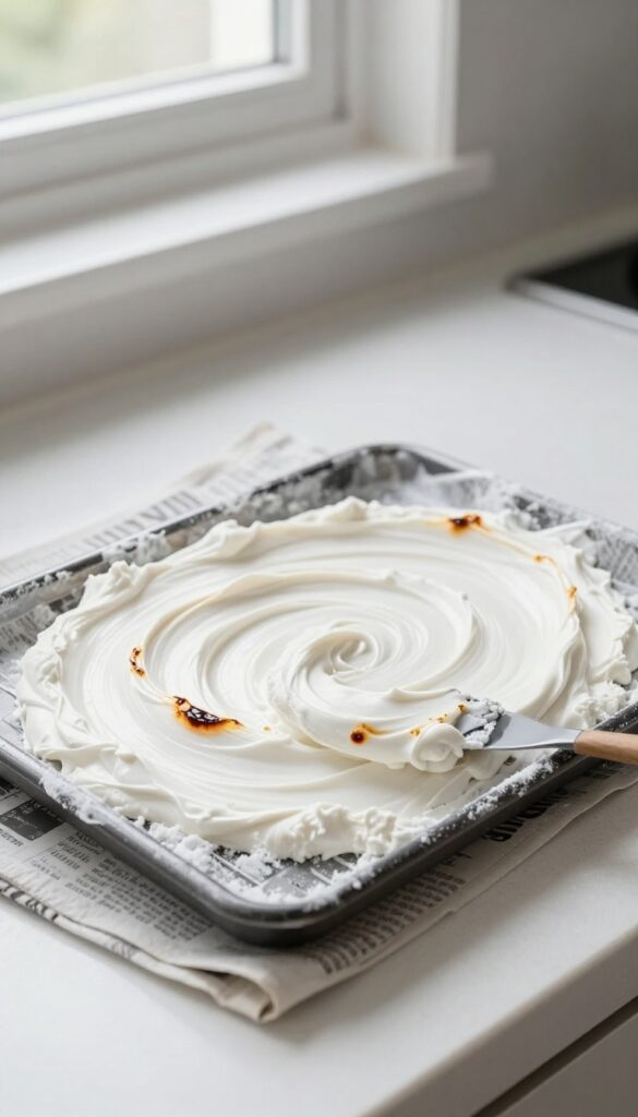 Oven rack with baking soda and vinegar paste applied to burnt grease