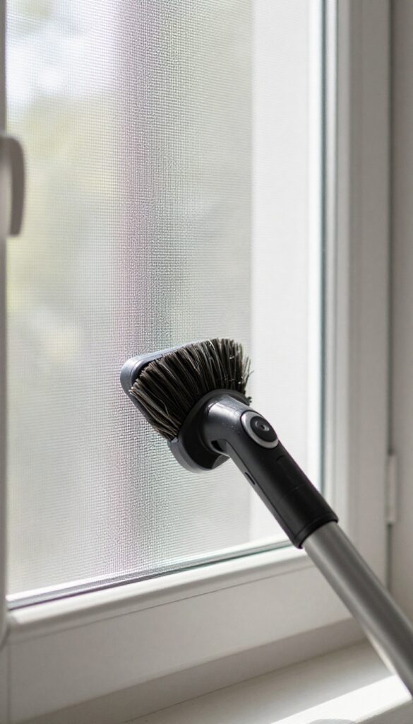 Cleaning window screen with vacuum brush attachment to prevent dust buildup