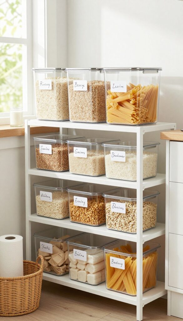 Organized pantry with labeled clear bins for bulk items and a basket for overflow, natural light