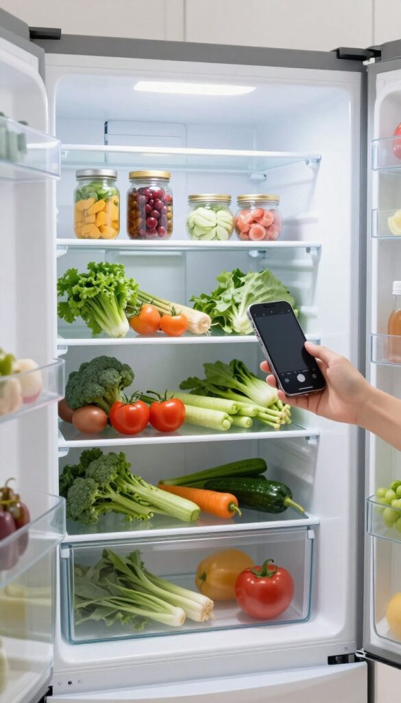 A person taking a photo of a clean, organized refrigerator with a smartphone.