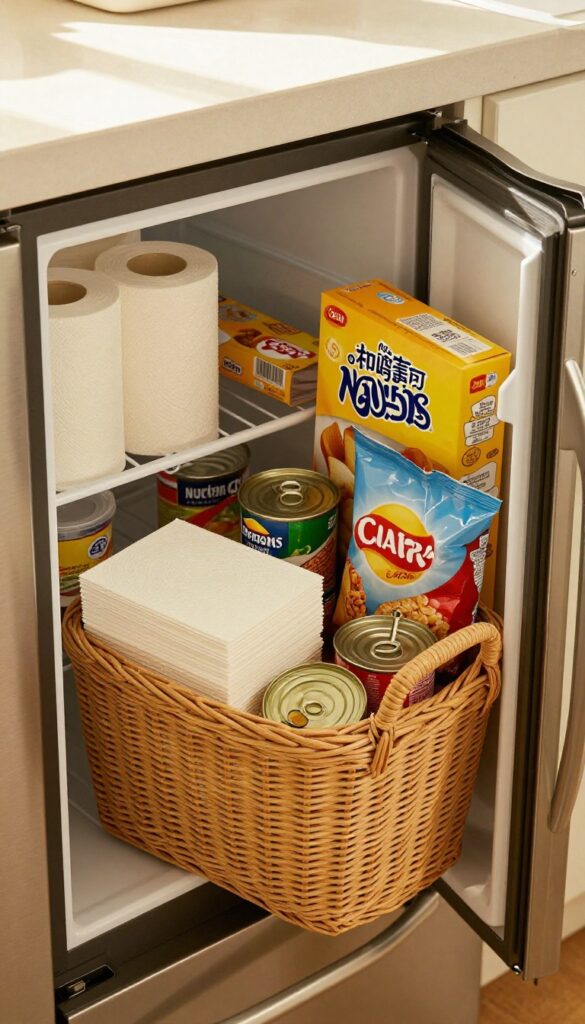 Woven basket on top of fridge holding bulk pantry items