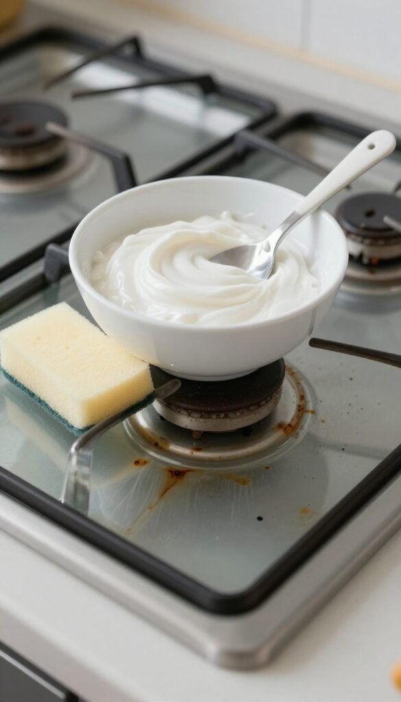 Bar Keepers Friend paste applied to burnt stain on stovetop