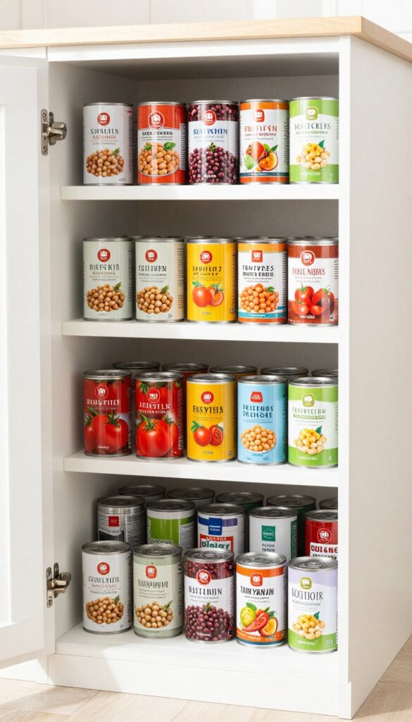 Stackable gravity-fed can dispensers mounted on a pantry cabinet door, filled with colorful cans in bright natural light.