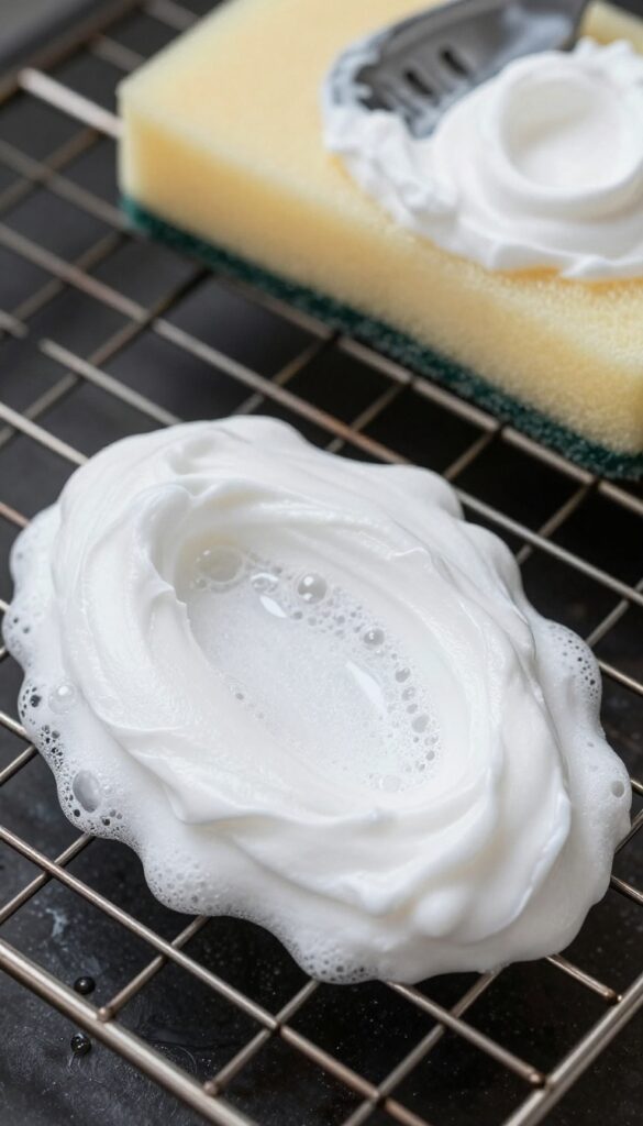 Oven rack covered in hydrogen peroxide and baking soda paste for cleaning