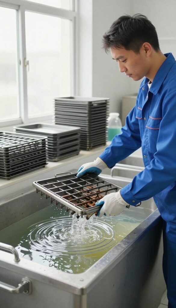 Professional oven cleaning service technician placing dirty oven rack into industrial soaking tank