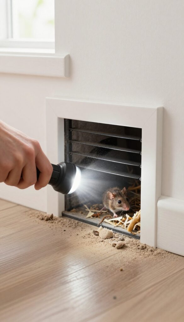 Inspecting a dusty air vent with a flashlight, revealing pest droppings and nesting material inside.