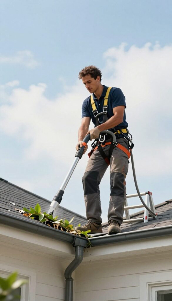 Professional gutter cleaner with safety harness on a steep roof using a vacuum to clear debris