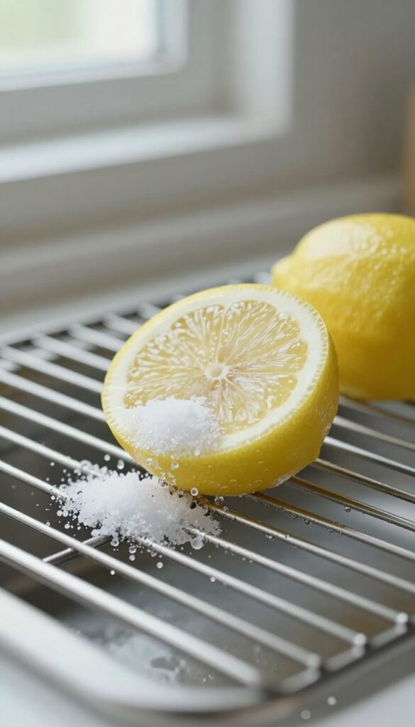 Close-up of scrubbing oven rack with lemon and salt