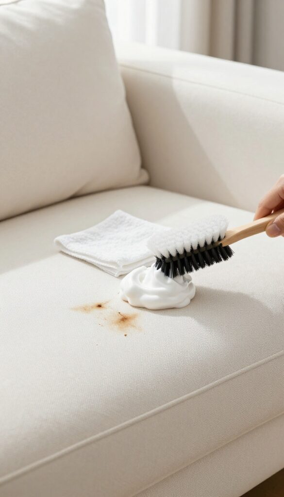 Shaving cream applied to a set-in stain on a white fabric sofa, with cleaning tools nearby in natural light