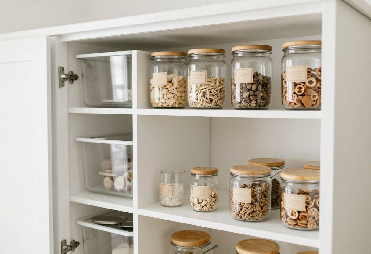 Organized small pantry cabinet with pull-out shelves and clear bins