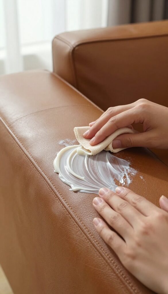 Hand applying leather balm to a dry, faded leather couch with a soft cloth in bright natural light