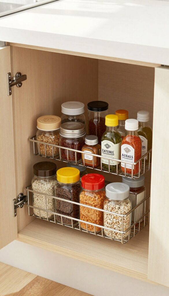 Open kitchen cabinet door with a mounted wire rack holding spices and condiments, organized and well-lit.