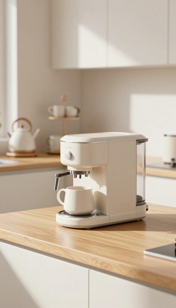 Kitchen countertop with only daily-use appliances like coffee maker and toaster, tiered stand for small items, and an appliance garage cabinet in the background.