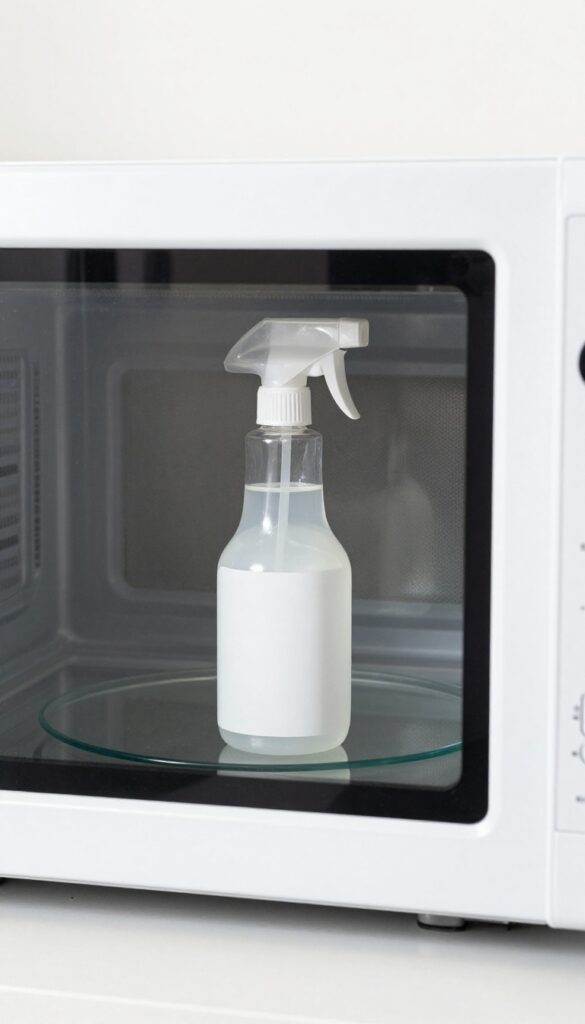 A spray bottle of white vinegar and water sits inside a clean microwave, with bright natural light highlighting the sparkling interior.