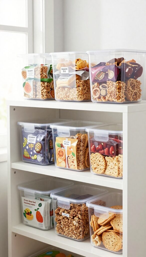 A low pantry shelf with clear bins of kid-friendly snacks, organized and accessible, in bright natural light.