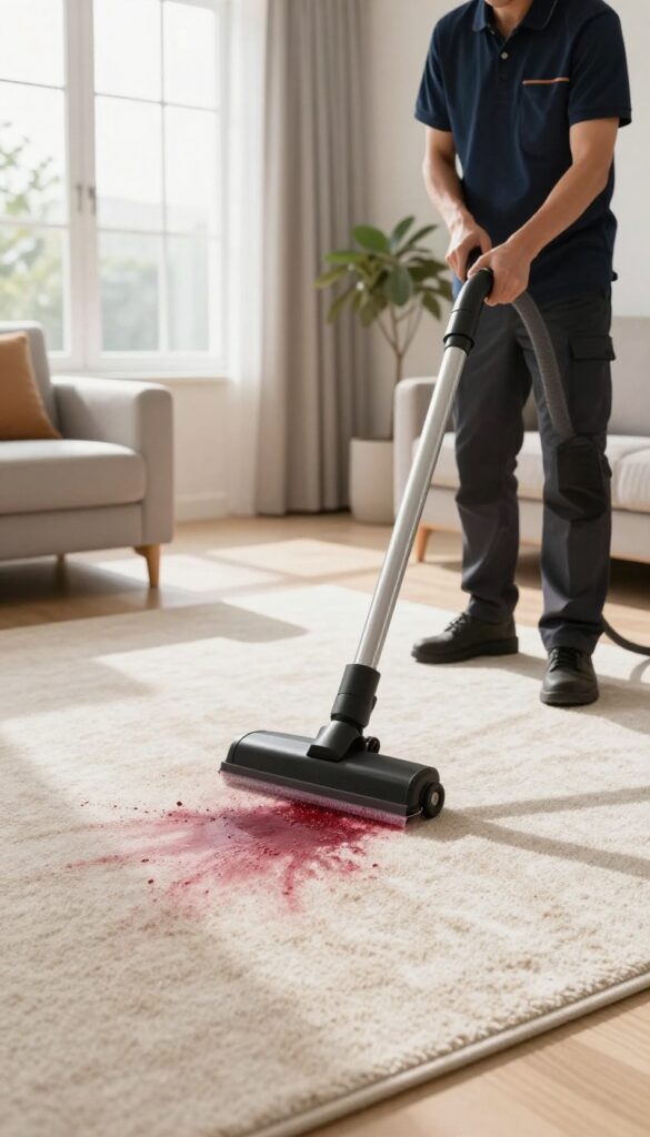 Professional carpet cleaner using steam cleaning machine on a stubborn red wine stain in a bright living room
