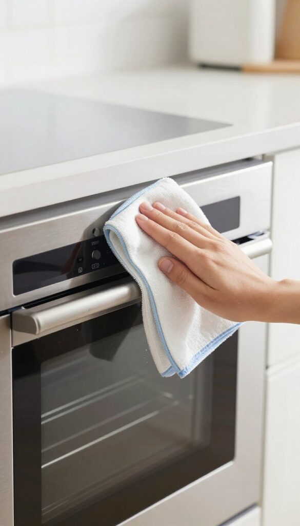 A person wiping the exterior of a stainless steel oven with a soft cloth, focusing on the handle and control panel.