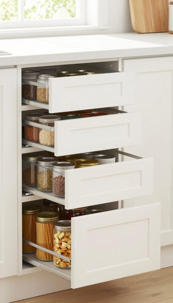 Modern pantry with pull-out drawers revealing organized cans and jars in bright natural light