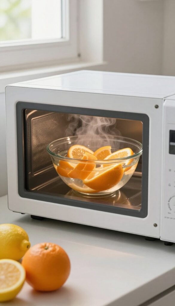 Microwave with bowl of water and citrus peels inside, steam rising, bright natural light, clean kitchen counter.