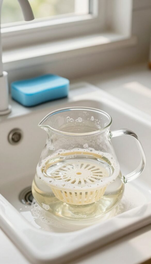 Washing coffee maker carafe and filter basket in warm soapy water in a kitchen sink