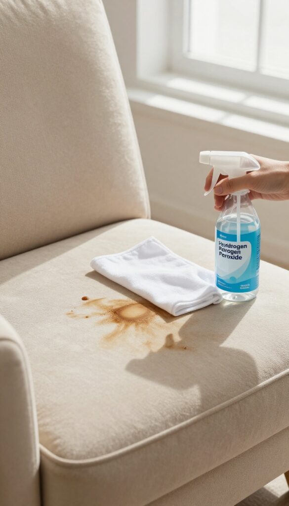 Blotting a coffee spill on a beige upholstered chair with hydrogen peroxide solution and a white cloth.
