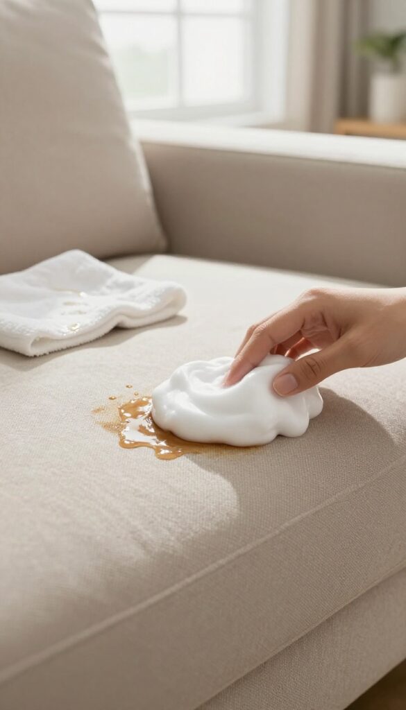 Shaving cream applied to a coffee stain on a fabric sofa cushion