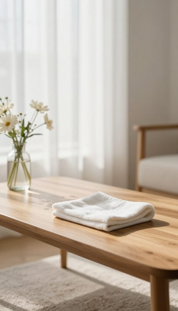 Dusting and polishing a wooden coffee table in a sunlit living room