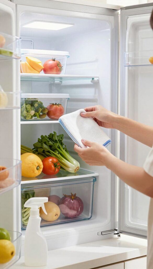 Hands removing a glass shelf from a clean, organized refrigerator with fresh produce inside