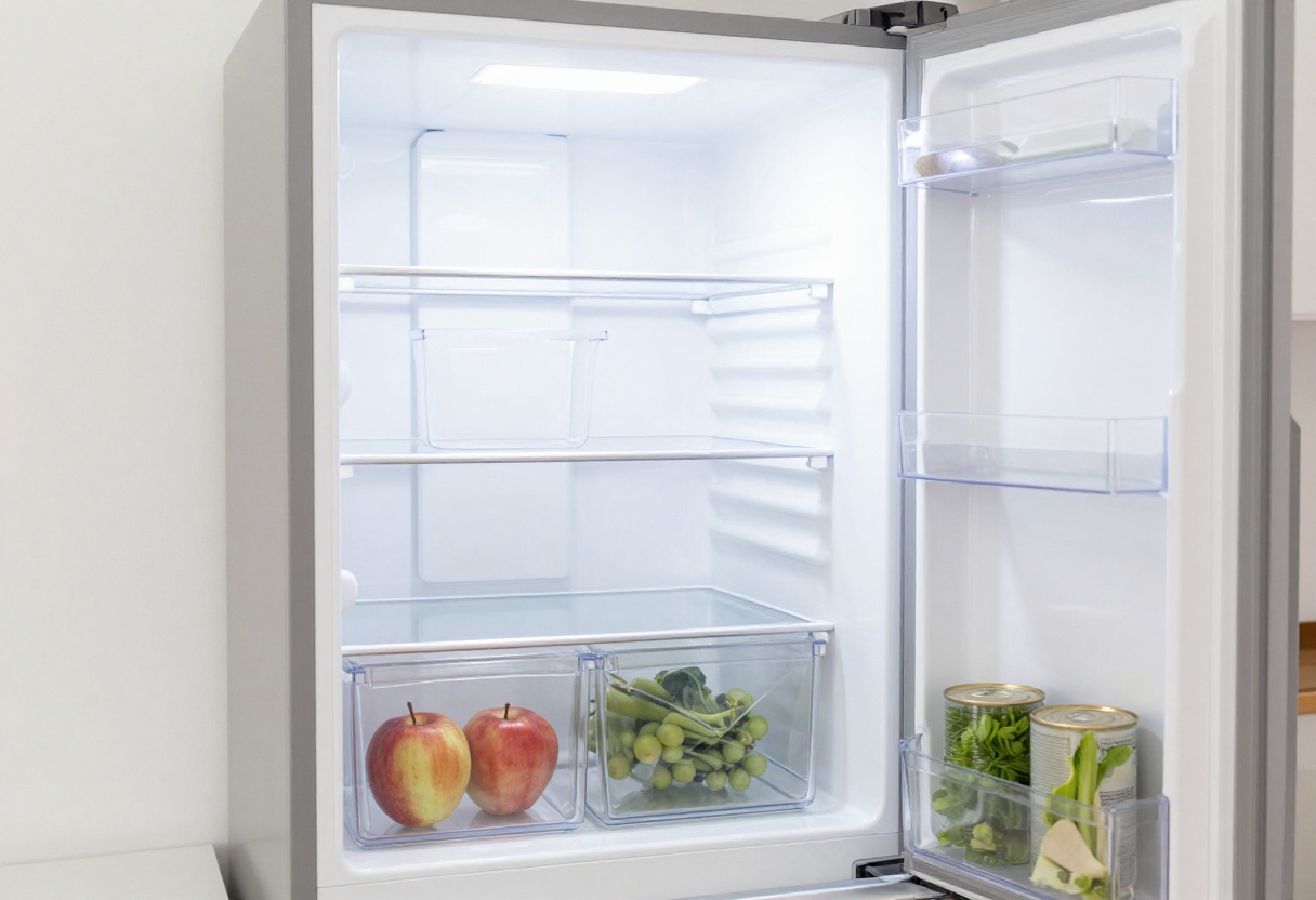 Organized small apartment fridge with bins and lazy Susan