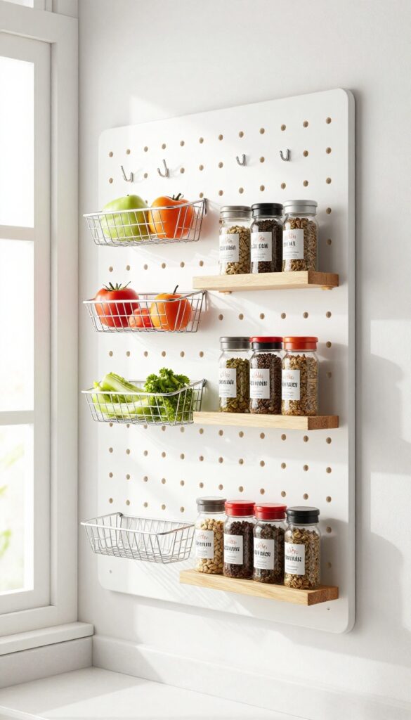 Wall-mounted pegboard system in a small corner pantry with hooks, baskets, and shelves for flexible storage.