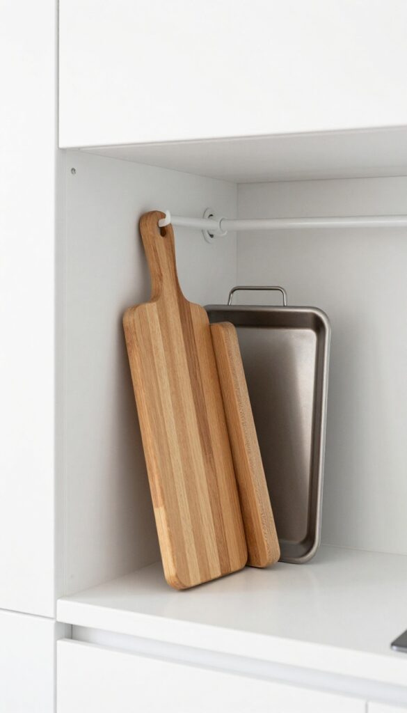 Vertical tension rod holding cutting boards and baking sheets upright inside a kitchen cabinet