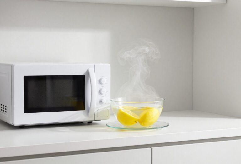 Clean microwave interior with a bowl of lemon water and steam