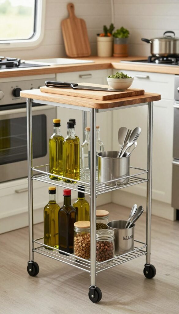 Slim rolling cart in camper kitchen providing extra counter space with cooking essentials organized on shelves