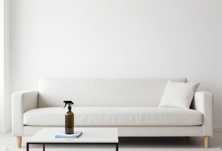 Clean fabric couch in a bright living room with cleaning supplies on a coffee table