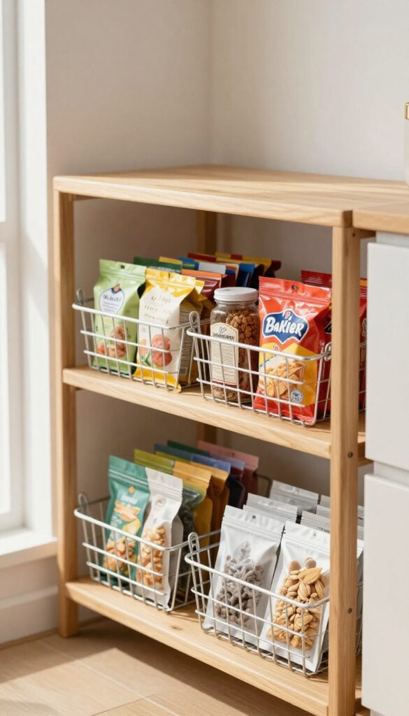 Under-shelf baskets clipped to a pantry shelf holding snack packs and tea bags