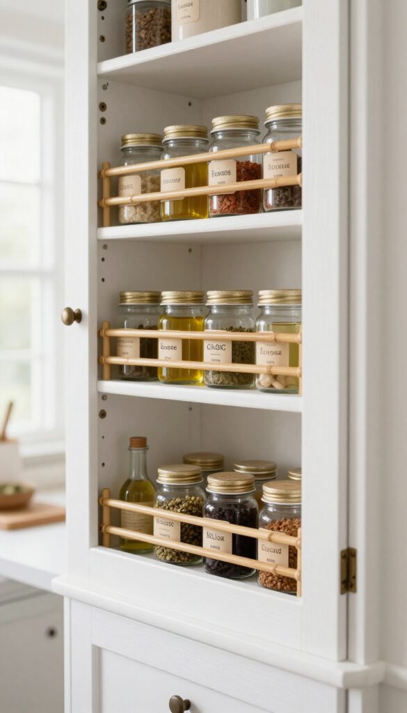 Door-mounted spice racks on a pantry door with jars and bottles