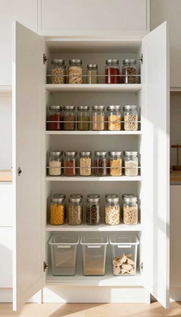 Over-the-door rack in a pantry holding spices and small jars, organized and sunlit.