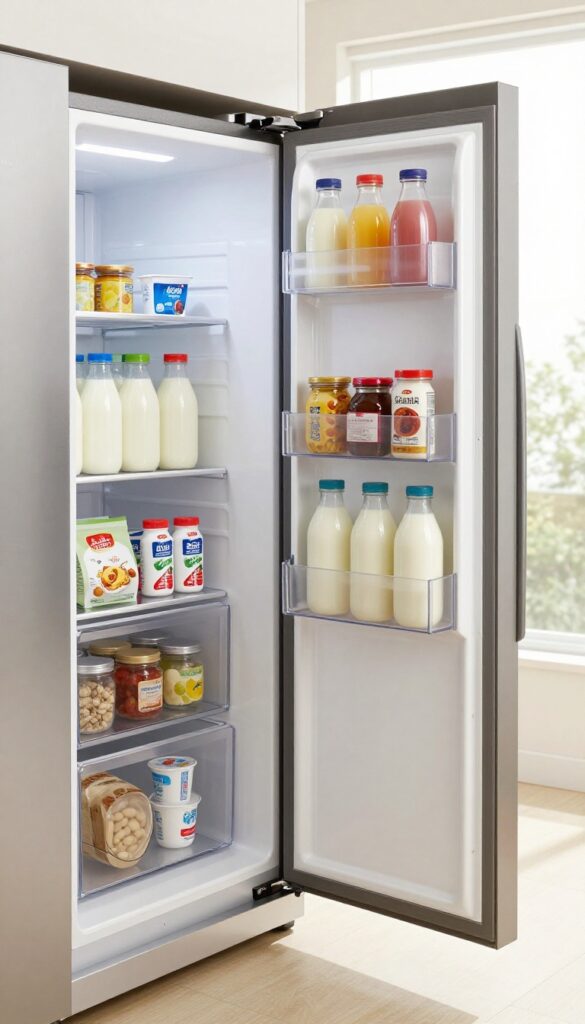 Samsung Bespoke fridge door bins organized with adjustable heights, milk, juice, condiments, and clear basket for small items