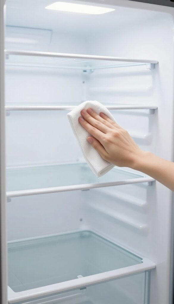 Person wiping the interior walls of a clean, empty refrigerator with a microfiber cloth
