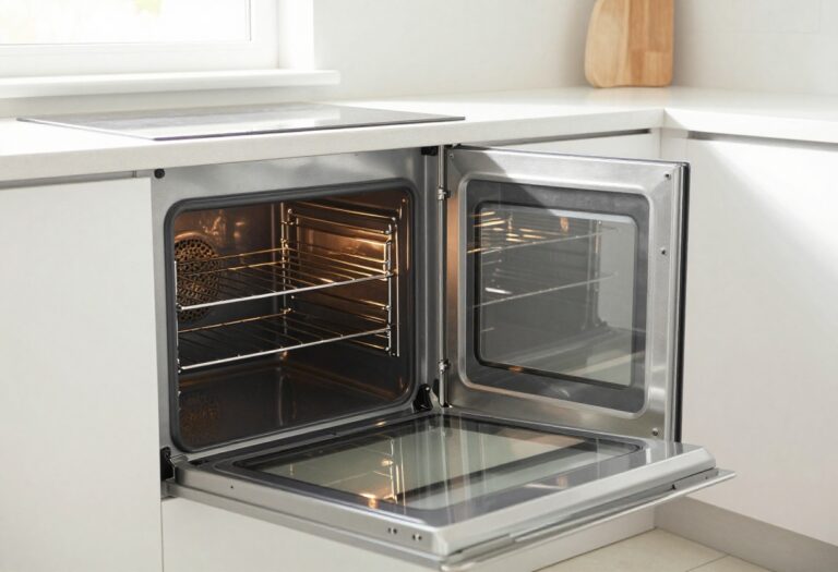 Clean oven interior with shiny racks and glass door reflecting light