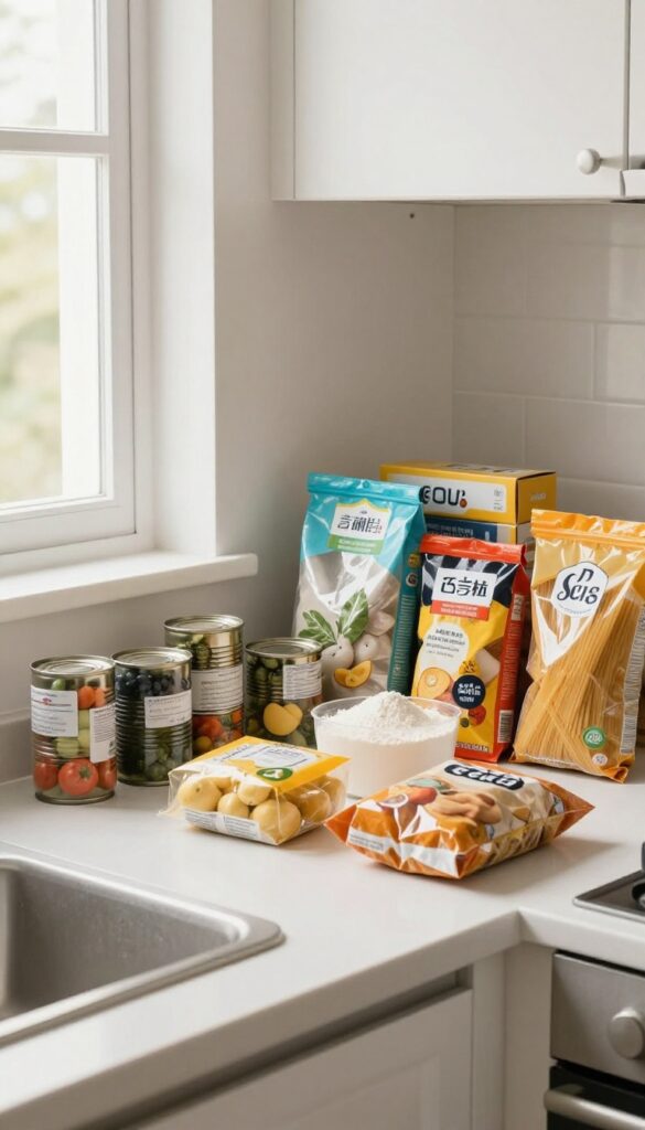 Pantry items grouped by type on a kitchen counter, including canned goods, pasta, baking supplies, and snacks, with an open pantry in the background.