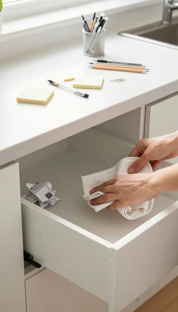 Hands wiping an empty kitchen drawer with a damp cloth, with sorted piles of items on the counter.