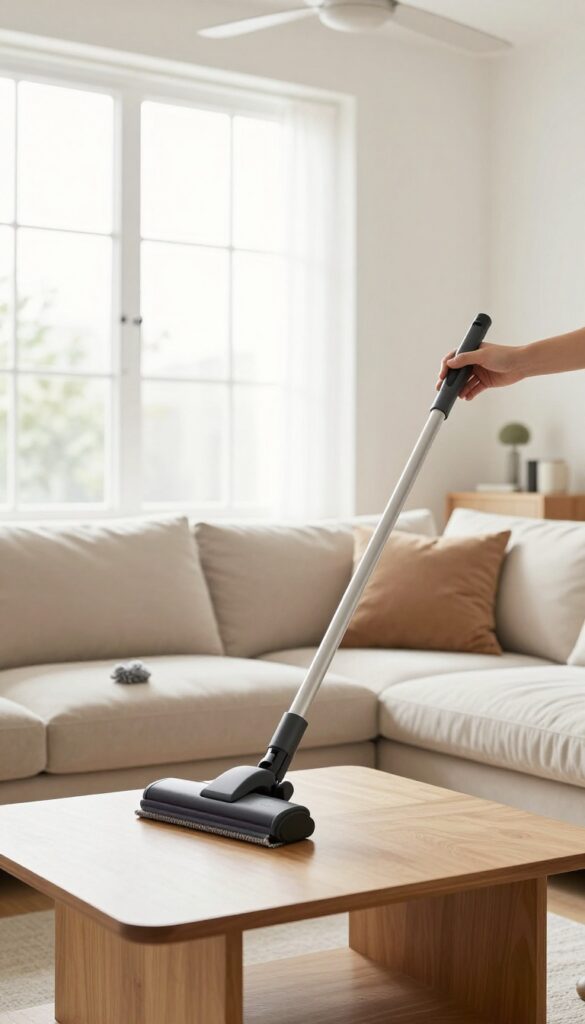 Living room dusting and vacuuming with natural light, microfiber cloth, and extendable duster.